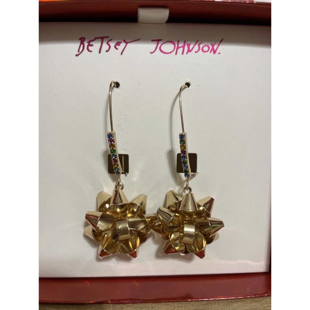 NWT BETSEY JOHNSON CHRISTMAS GOLD BOW DANGLE EARRINGS W/ COLORFUL RHINESTONES
